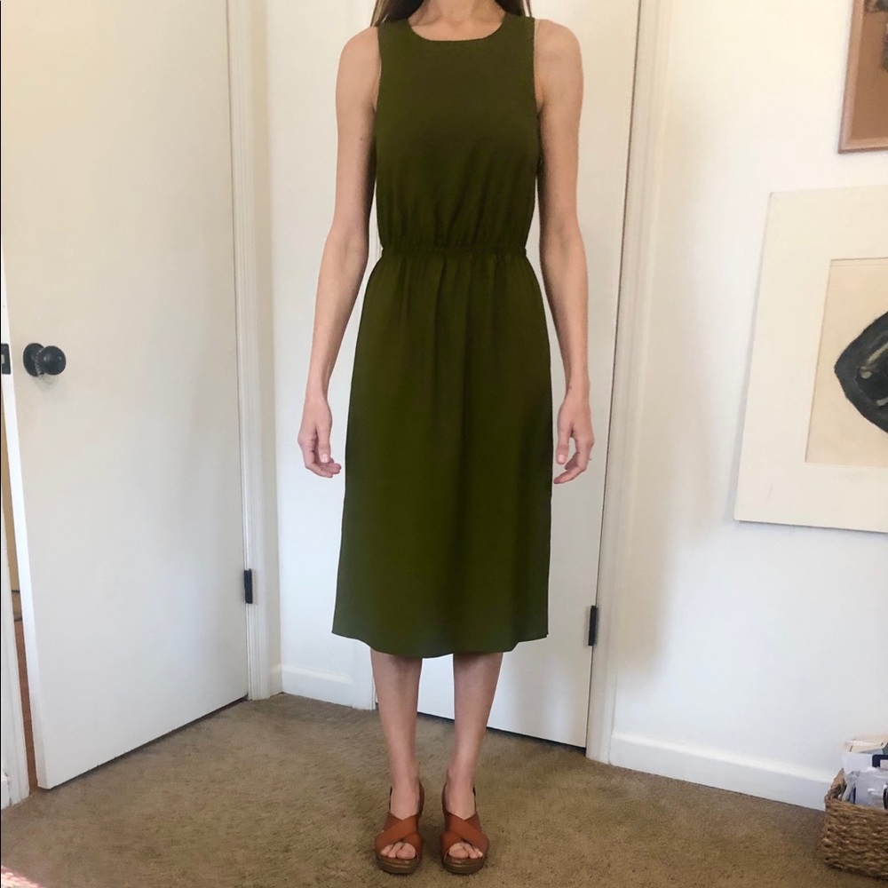 J. Crew button back dress in dark army green.